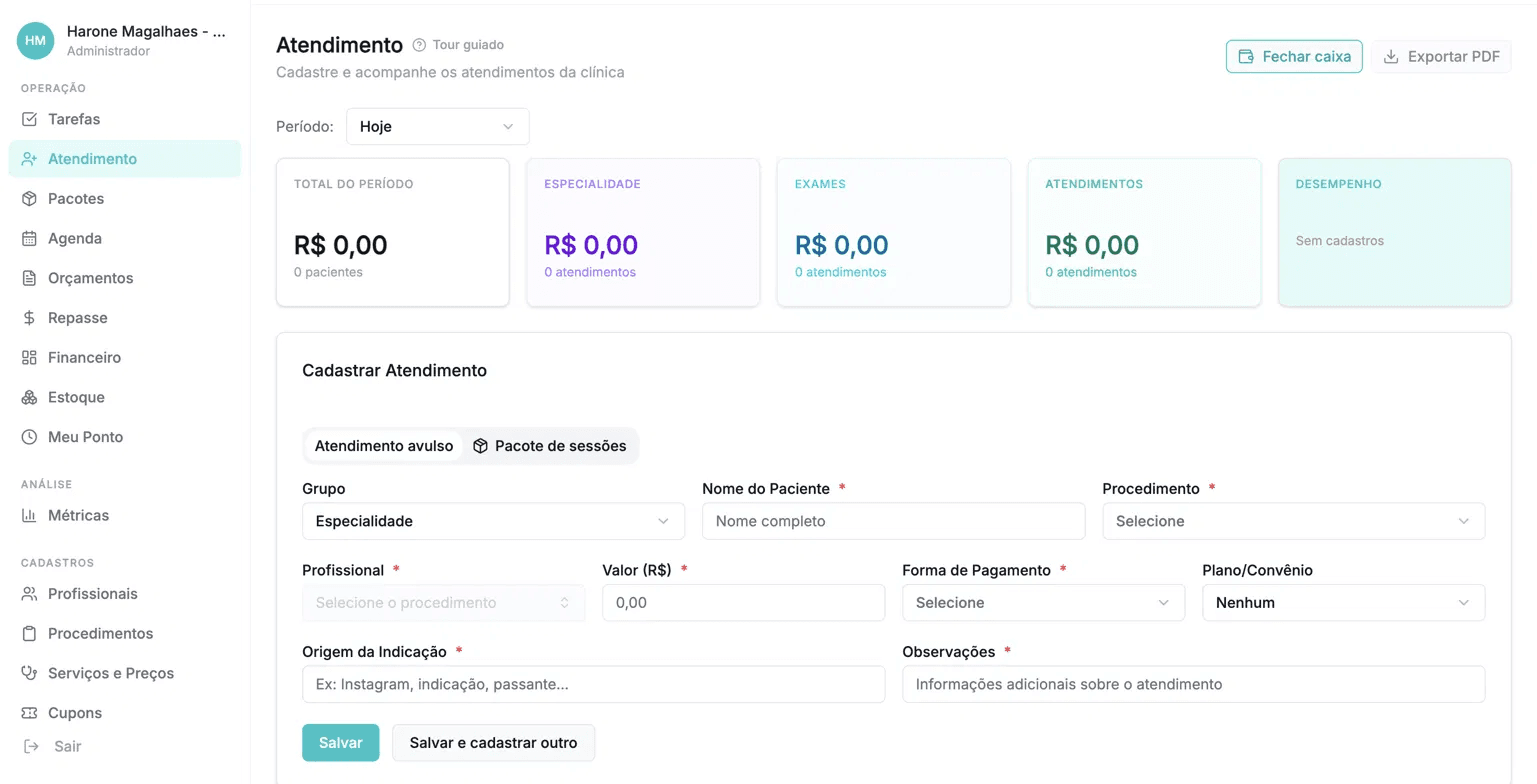 Tela de atendimento do sistema clínico